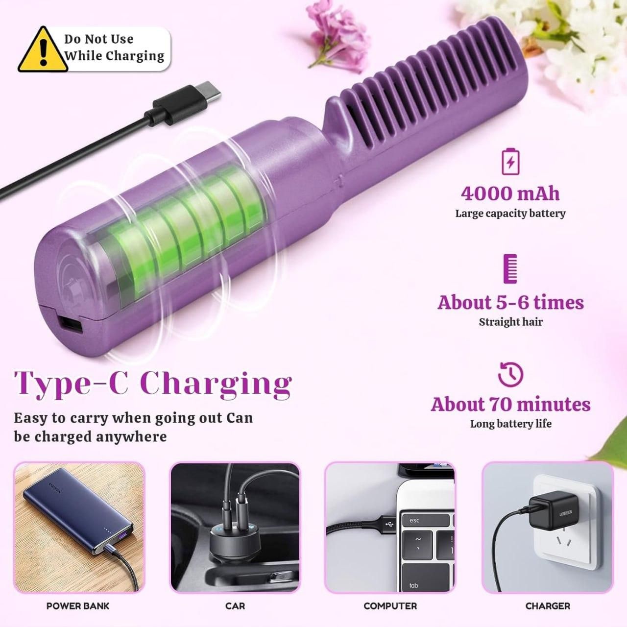 ADJUSTABLE HAIR STRAIGHTENER HOT COMB USB RECHARGEABLE TYPE C